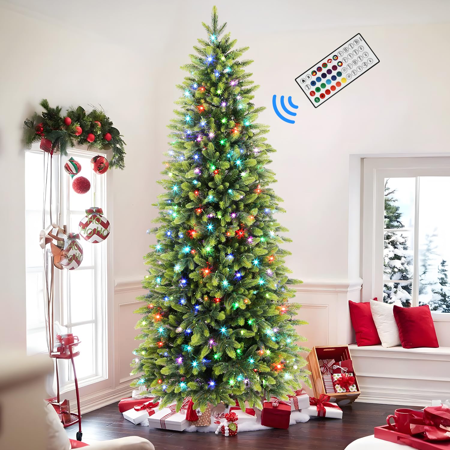 Prelit RGB Lights Realistic PE Artificial Slim Artificial Christmas Trees with Remote - Image 2