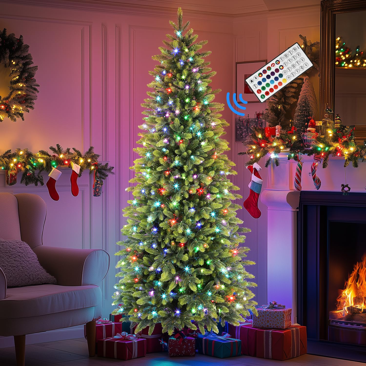 Prelit RGB Lights Realistic PE Artificial Slim Artificial Christmas Trees with Remote - Image 9