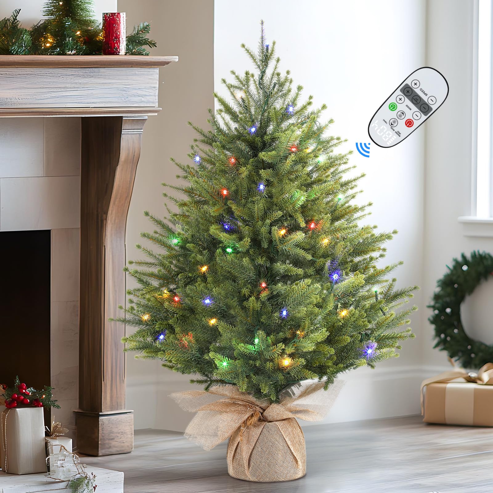 Realistic Artificial Small Tabletop Christmas Tree with Multi-Color Lights and Remote