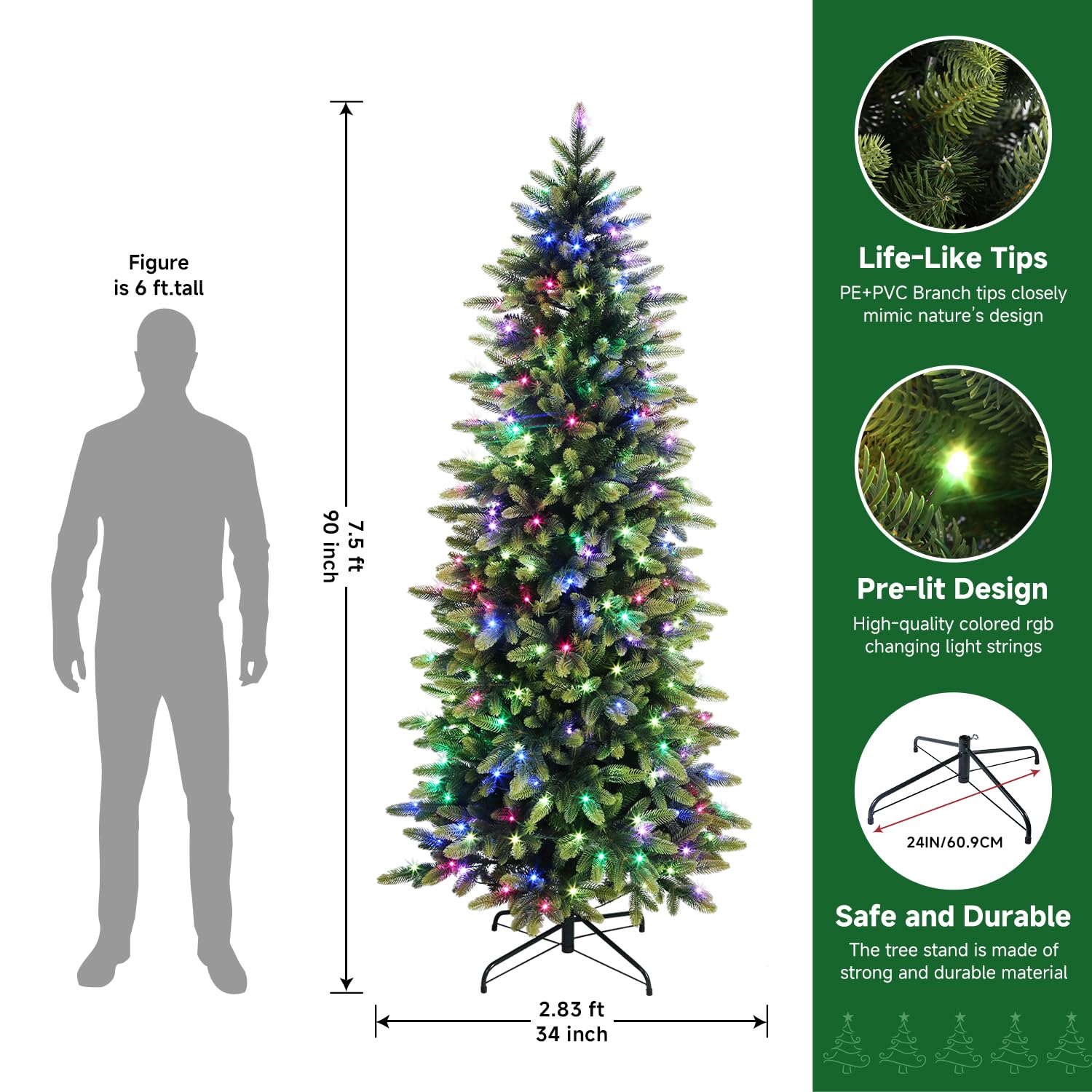 Prelit RGB Lights Realistic PE Artificial Slim Artificial Christmas Trees with Remote - Image 13