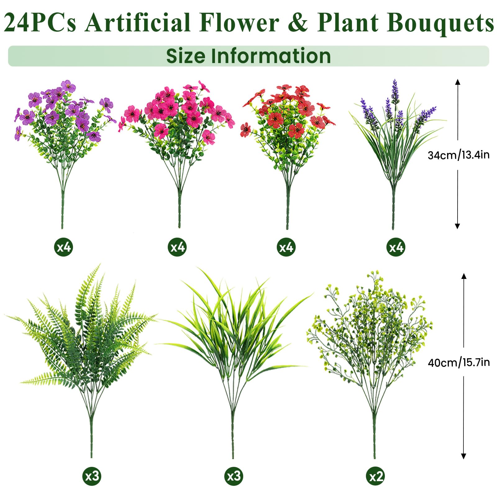 24 Bundles Artificial Flowers UV Resistant Eucalyptus Violet and Lavender Silk Fake Flowers(Red&Rose&Purple) - Image 2