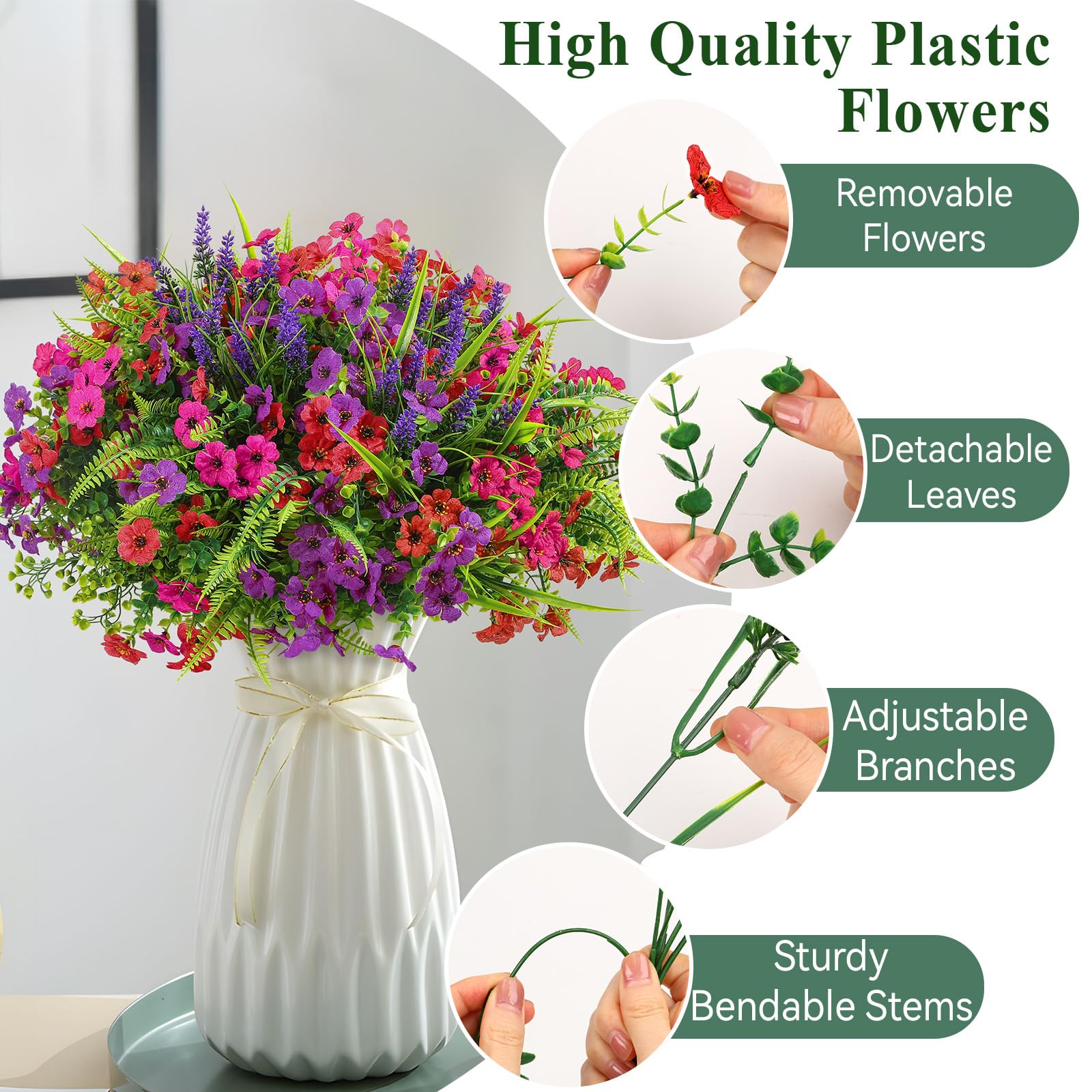 24 Bundles Artificial Flowers UV Resistant Eucalyptus Violet and Lavender Silk Fake Flowers(Red&Rose&Purple) - Image 3