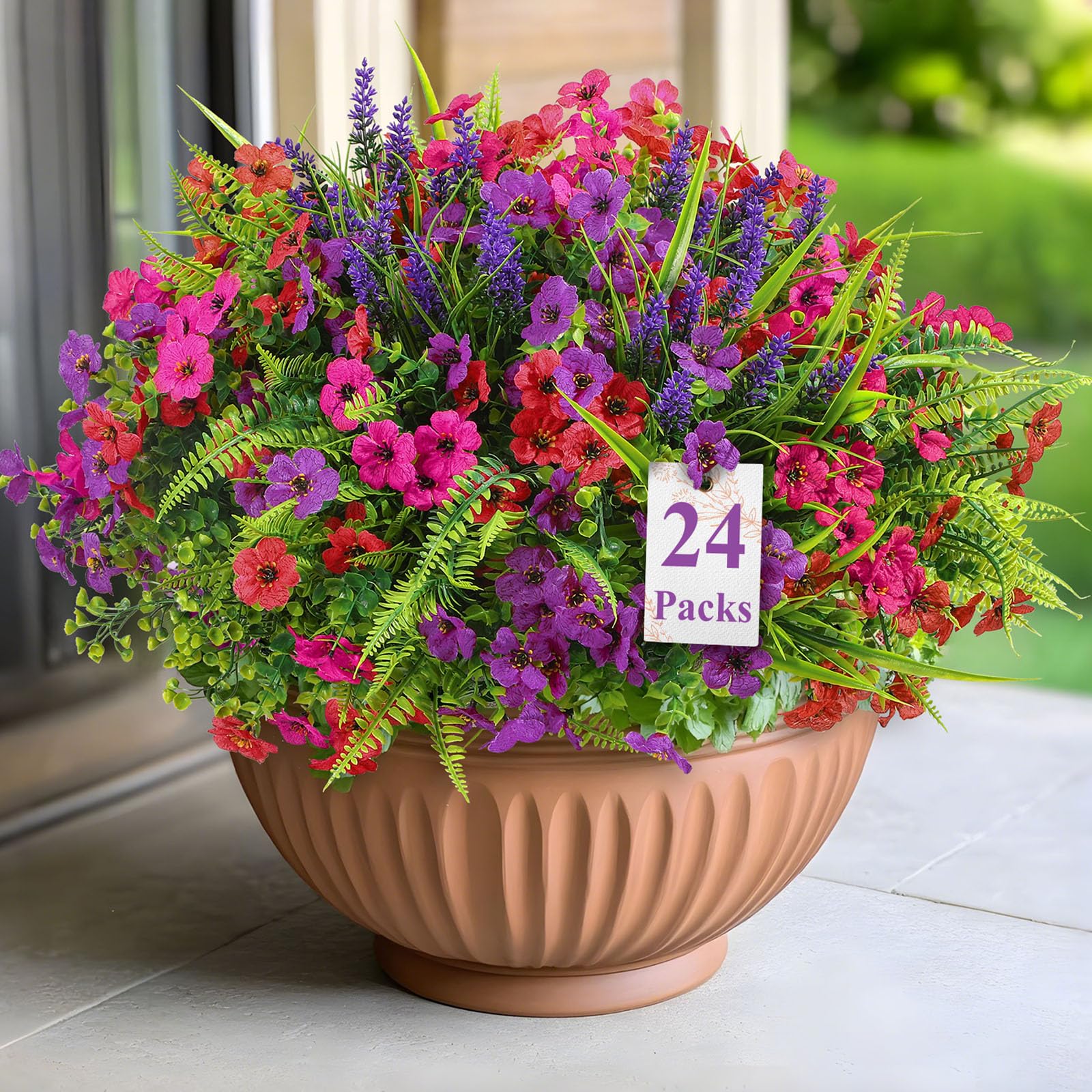 24 Bundles Artificial Flowers UV Resistant Eucalyptus Violet and Lavender Silk Fake Flowers(Red&Rose&Purple)