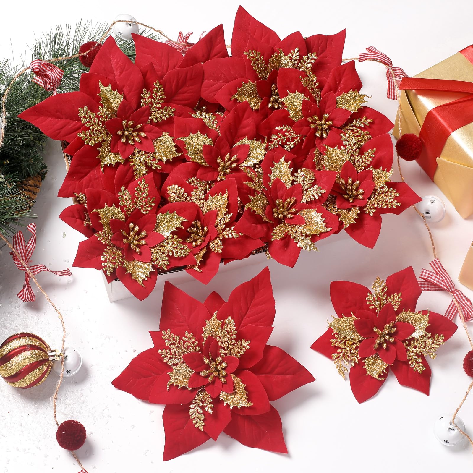 24 Pcs 6"&9" Red&Gold Large Poinsettia Artificial Christmas Flowers Decorations for Christmas Tree with Clips&Sticks