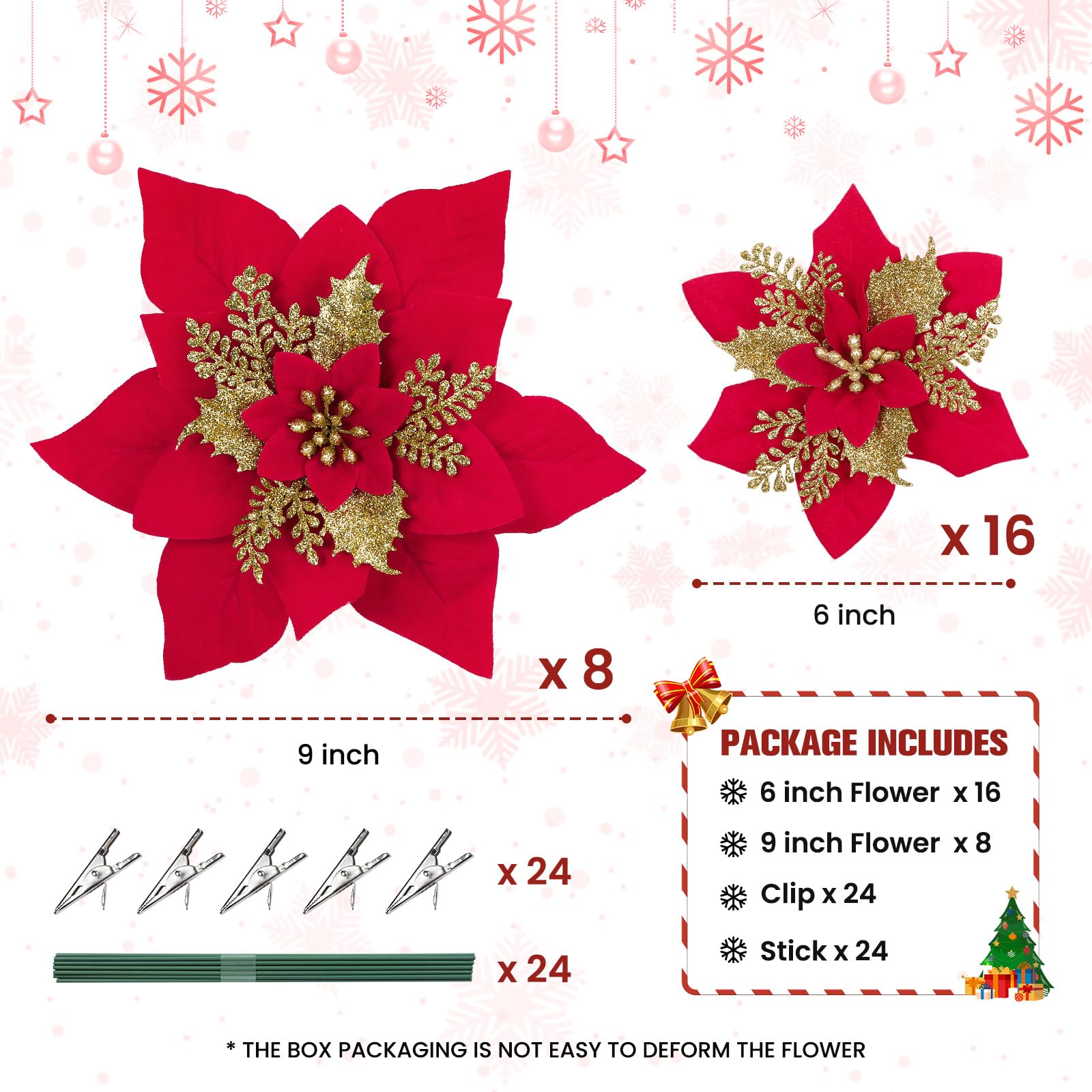 24 Pcs 6"&9" Red&Gold Large Poinsettia Artificial Christmas Flowers Decorations for Christmas Tree with Clips&Sticks - Image 2