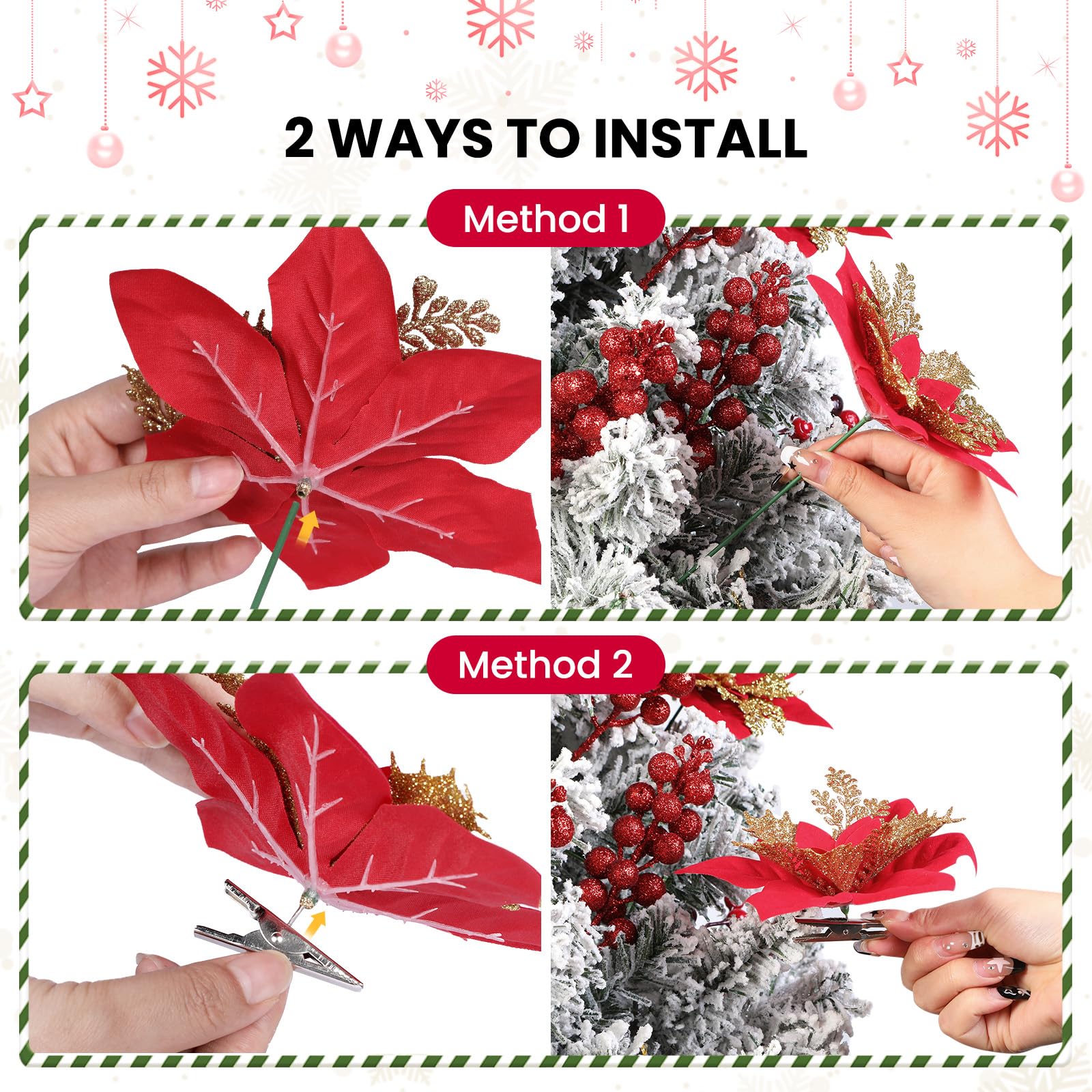 24 Pcs 6"&9" Red&Gold Large Poinsettia Artificial Christmas Flowers Decorations for Christmas Tree with Clips&Sticks - Image 3