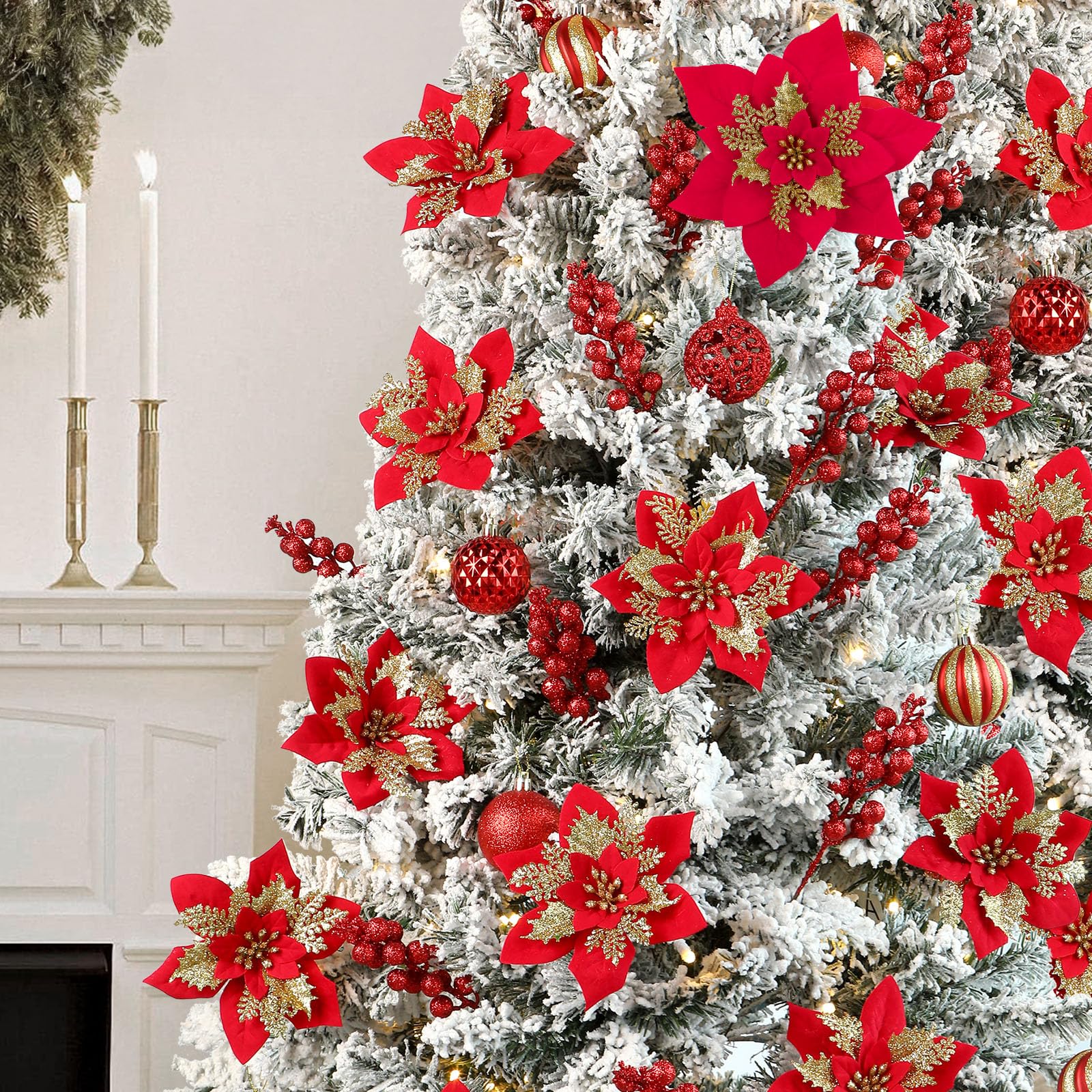 24 Pcs 6"&9" Red&Gold Large Poinsettia Artificial Christmas Flowers Decorations for Christmas Tree with Clips&Sticks - Image 4