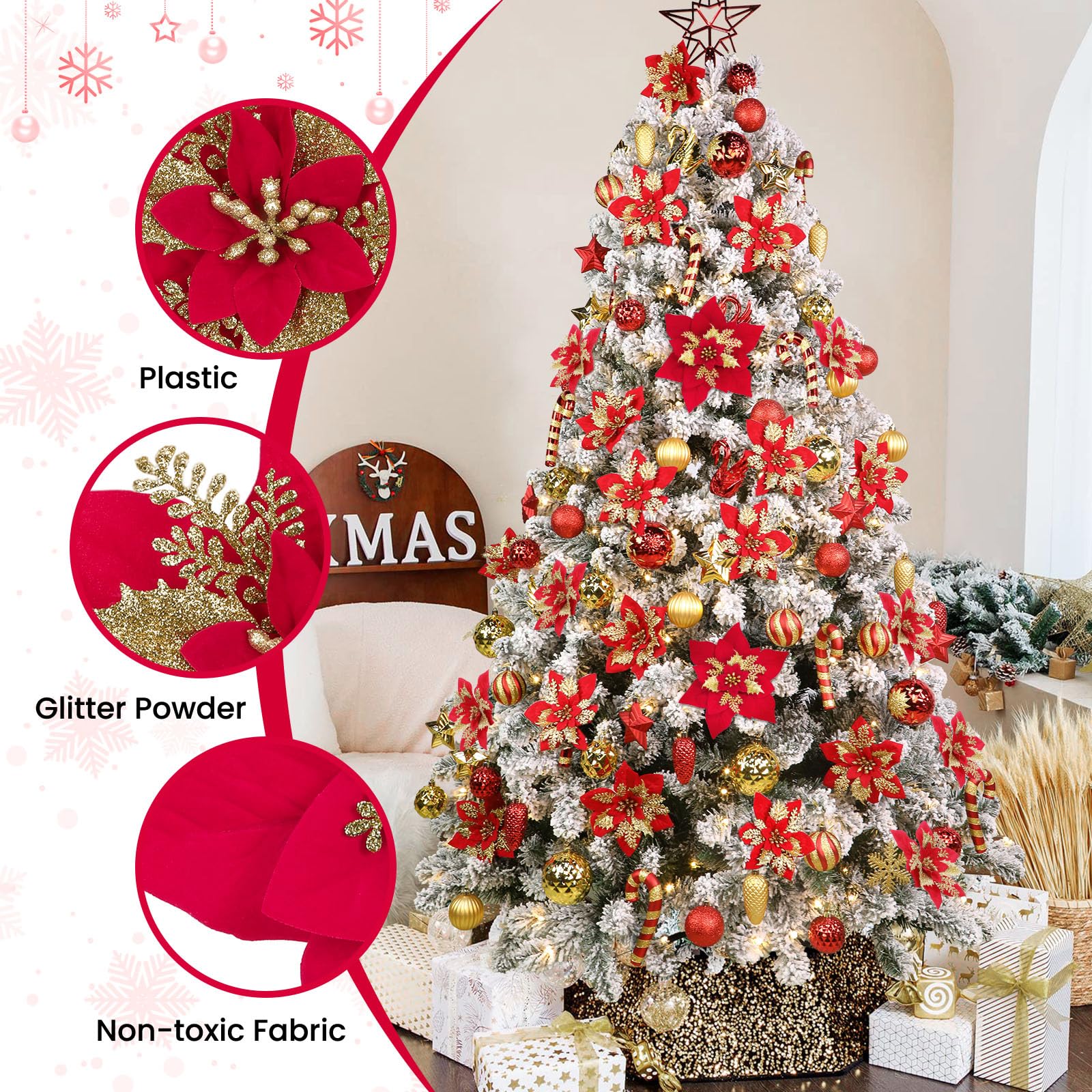 24 Pcs 6"&9" Red&Gold Large Poinsettia Artificial Christmas Flowers Decorations for Christmas Tree with Clips&Sticks - Image 5