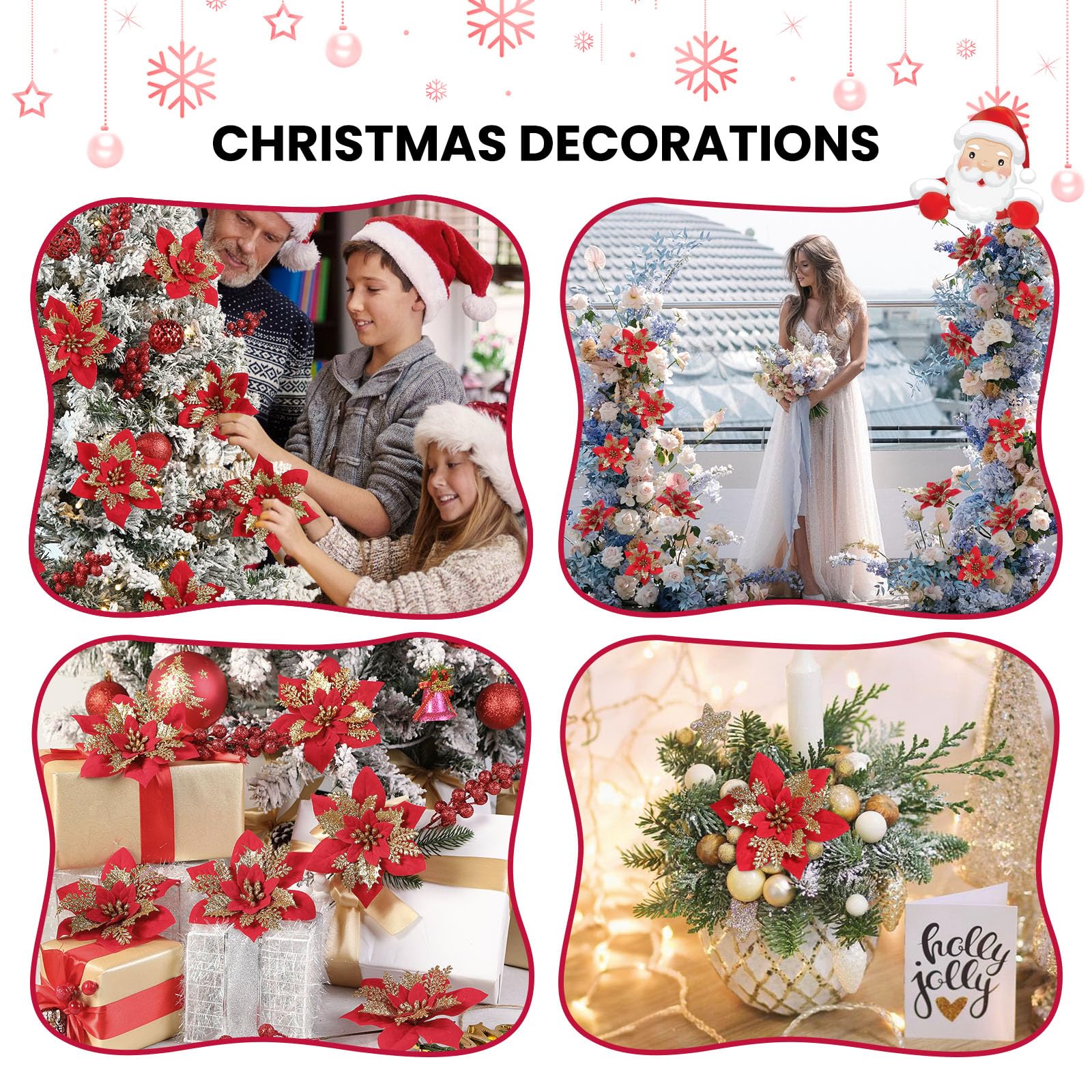 24 Pcs 6"&9" Red&Gold Large Poinsettia Artificial Christmas Flowers Decorations for Christmas Tree with Clips&Sticks - Image 6