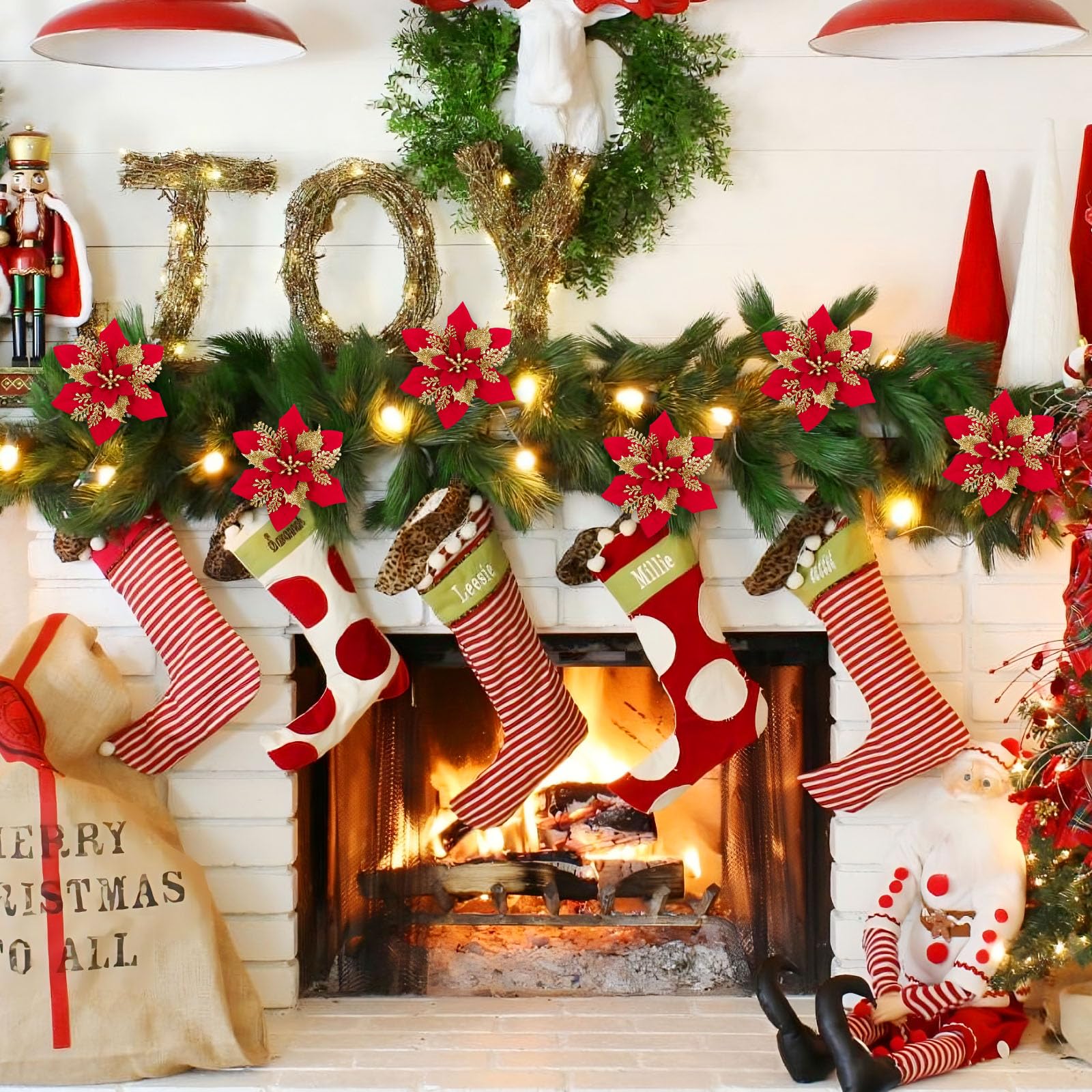 24 Pcs 6"&9" Red&Gold Large Poinsettia Artificial Christmas Flowers Decorations for Christmas Tree with Clips&Sticks - Image 7