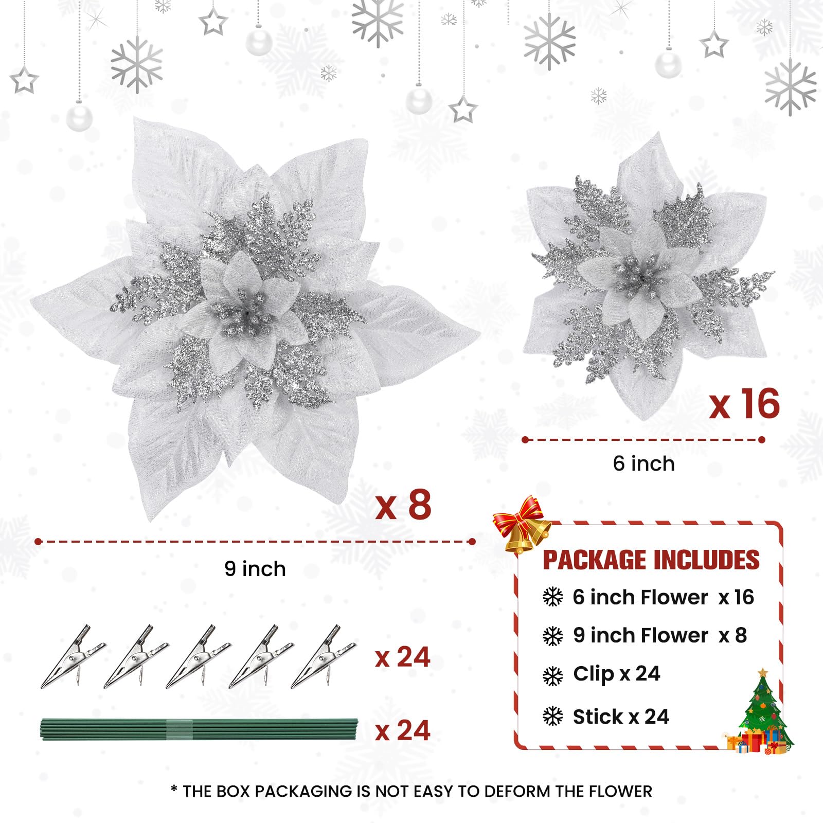 24 Pcs 6"&9" Silver Large Poinsettia Artificial Christmas Flowers Decorations for Christmas Tree with Clips&Sticks - Image 2