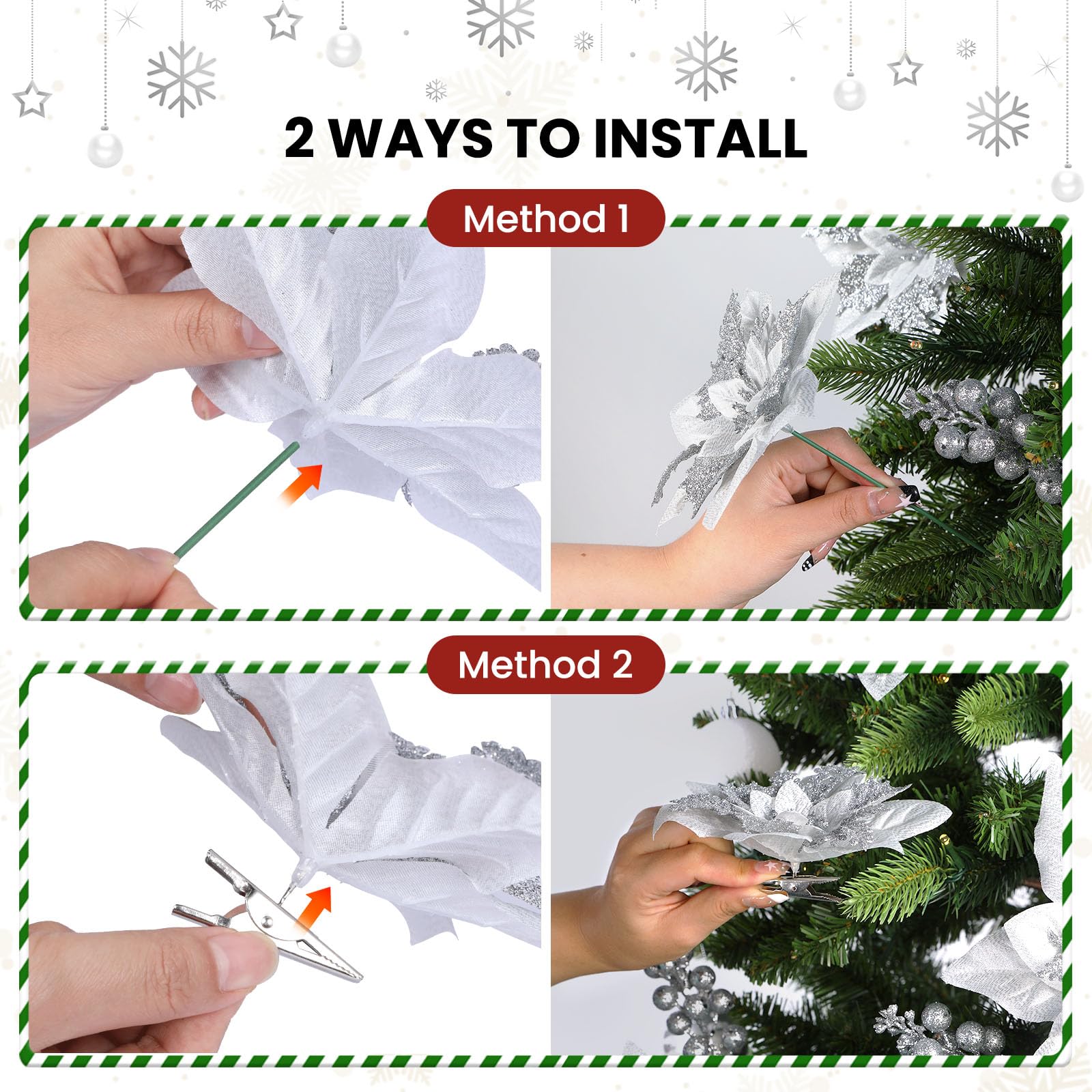 24 Pcs 6"&9" Silver Large Poinsettia Artificial Christmas Flowers Decorations for Christmas Tree with Clips&Sticks - Image 3