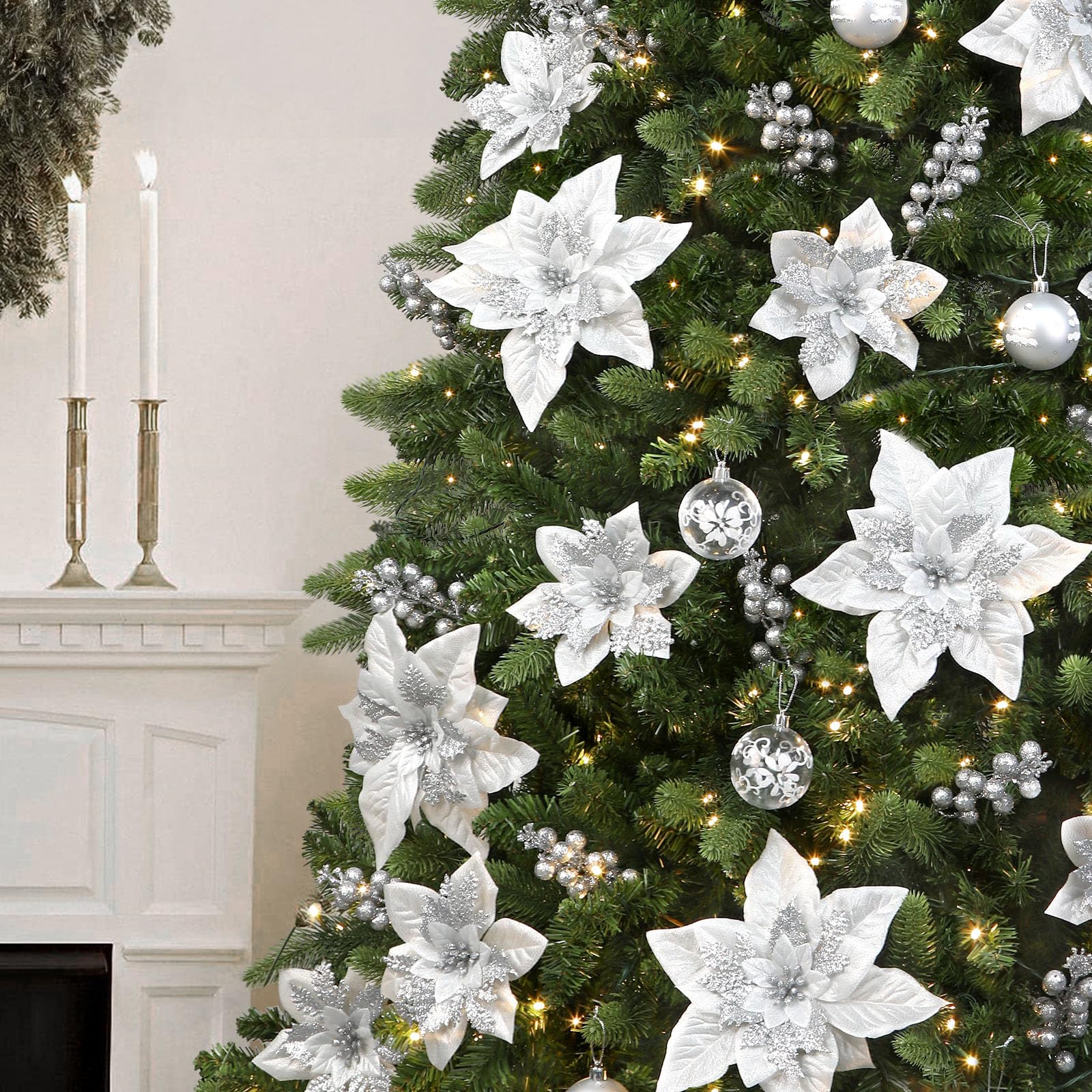 24 Pcs 6"&9" Silver Large Poinsettia Artificial Christmas Flowers Decorations for Christmas Tree with Clips&Sticks - Image 4