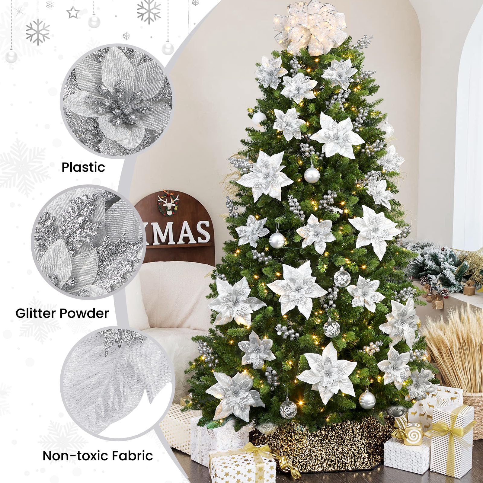 24 Pcs 6"&9" Silver Large Poinsettia Artificial Christmas Flowers Decorations for Christmas Tree with Clips&Sticks - Image 5