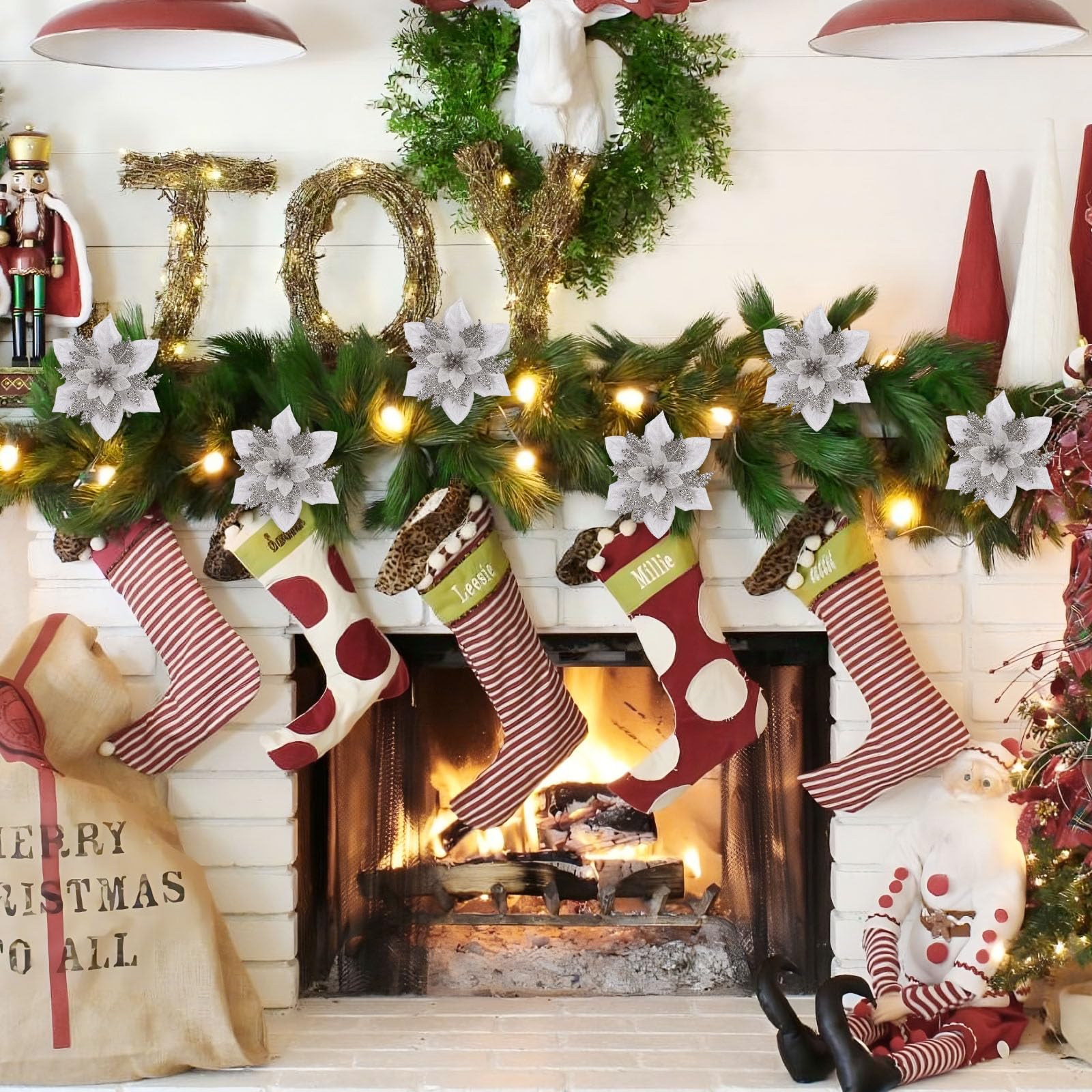 24 Pcs 6"&9" Silver Large Poinsettia Artificial Christmas Flowers Decorations for Christmas Tree with Clips&Sticks - Image 7