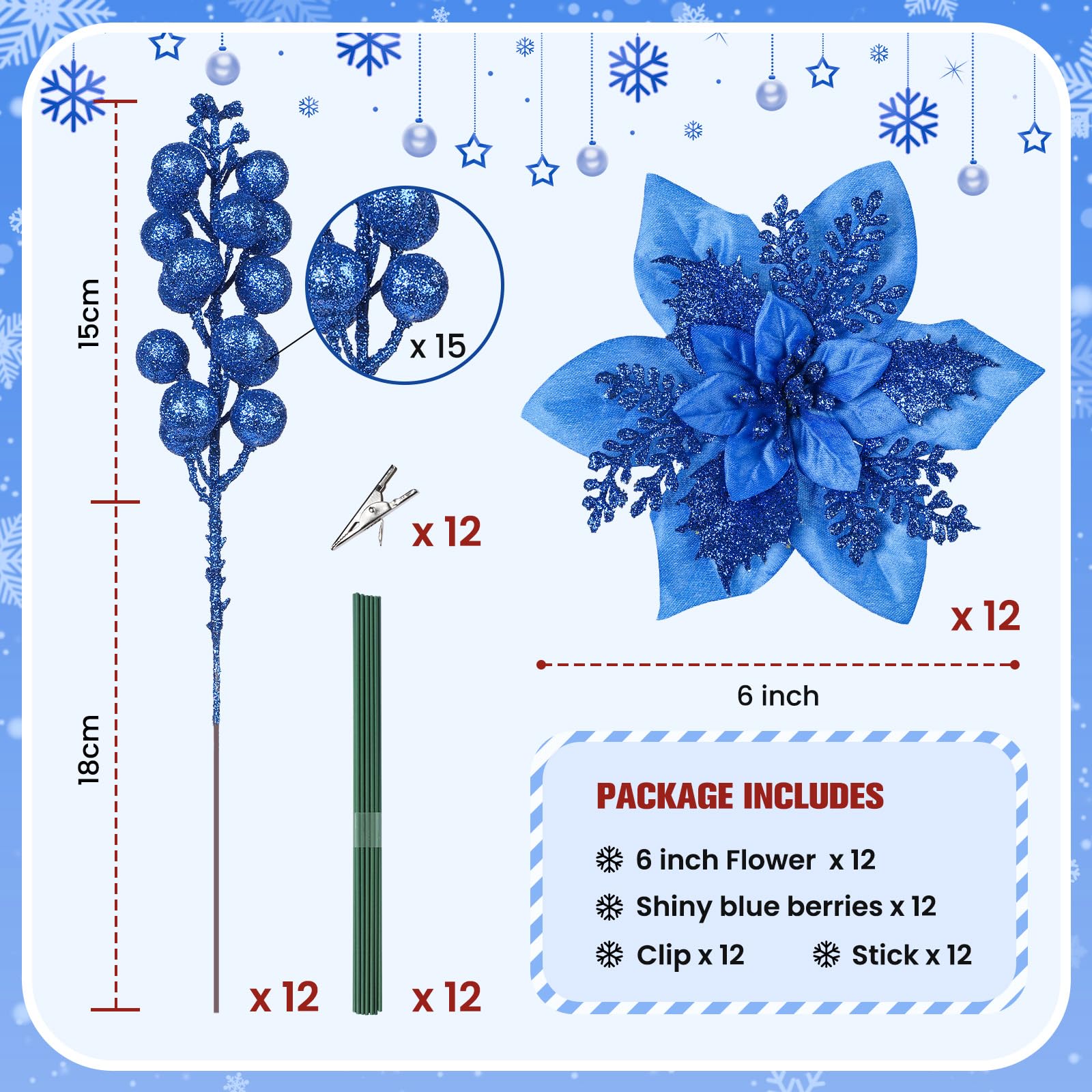24 Pcs Blue Boxed 12Pcs Poinsettias Artificial Christmas Flowers+12Pcs Holly Berry Stems for Christmas Tree Decor - Image 4
