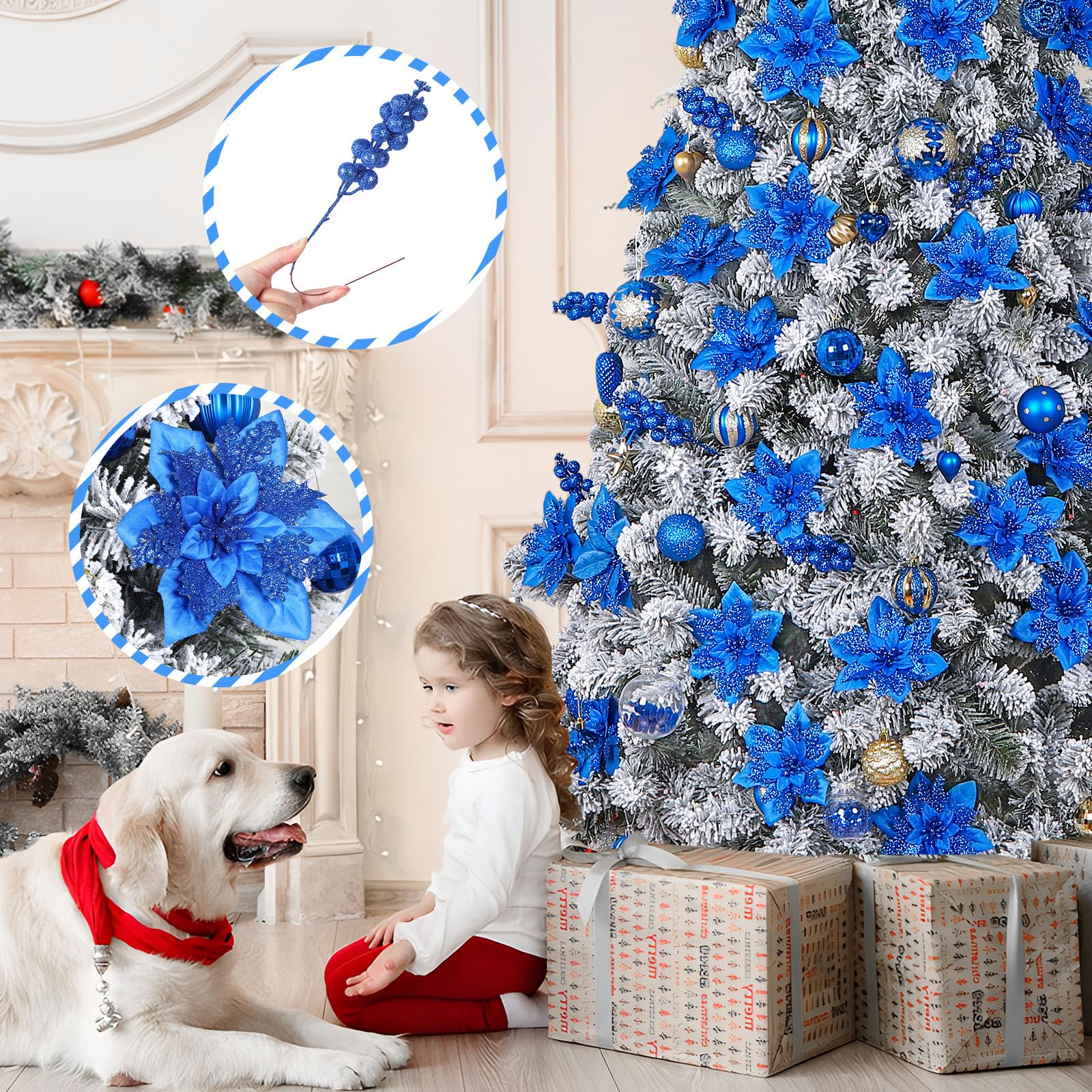 24 Pcs Blue Boxed 12Pcs Poinsettias Artificial Christmas Flowers+12Pcs Holly Berry Stems for Christmas Tree Decor - Image 3