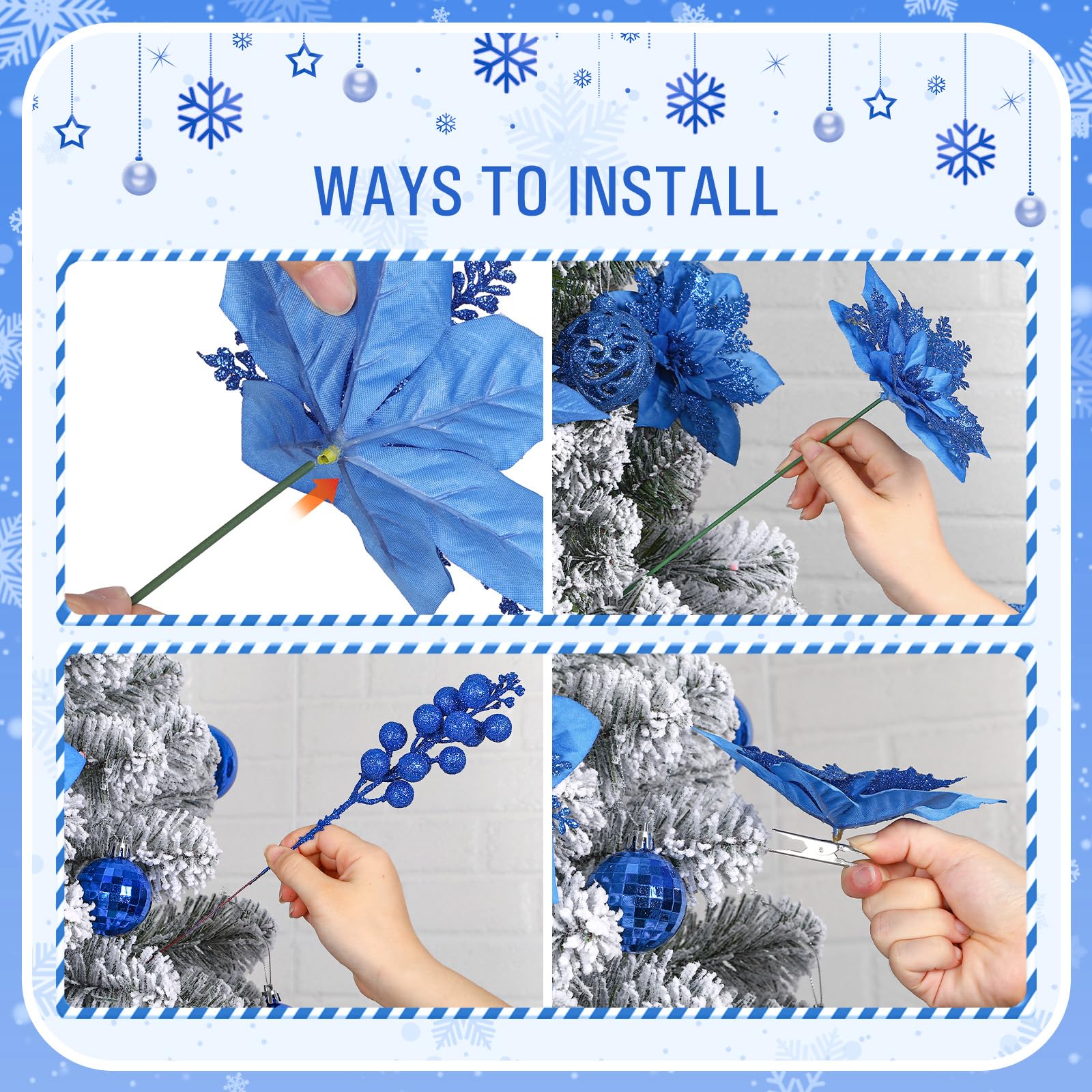 24 Pcs Blue Boxed 12Pcs Poinsettias Artificial Christmas Flowers+12Pcs Holly Berry Stems for Christmas Tree Decor - Image 5