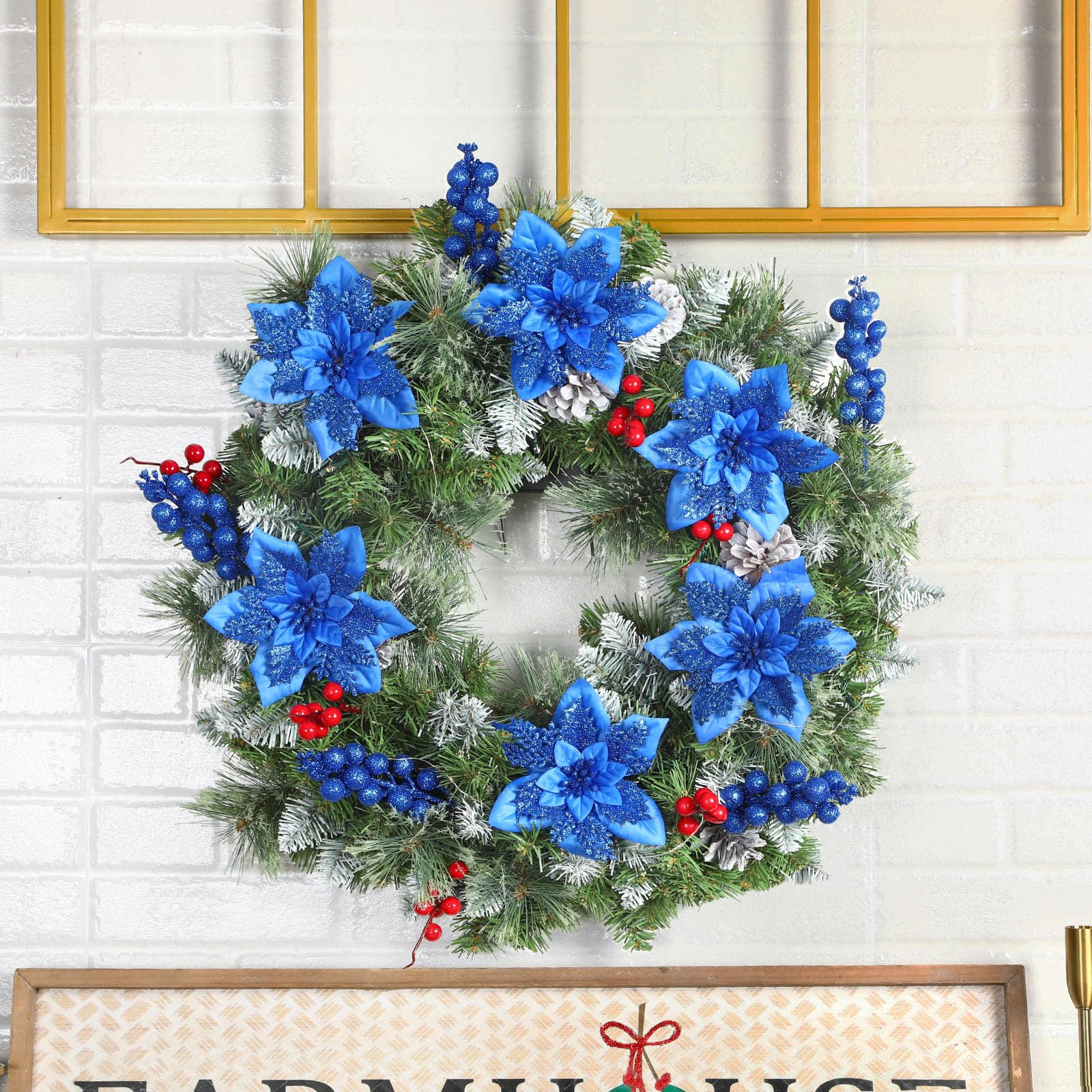 24 Pcs Blue Boxed 12Pcs Poinsettias Artificial Christmas Flowers+12Pcs Holly Berry Stems for Christmas Tree Decor - Image 7