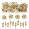 24 pcs Gold Christmas Picks Decoration 12pcs Artificial Christmas Flower+12pcs Holly Berry Stem